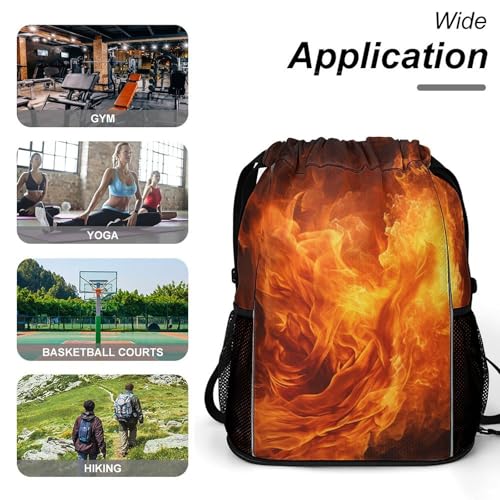 Drawstring Gym Backpack with Shoe Compartment And Wet Pocket, 28L Lightweight Waterproof Roaring Flame Sports Backpack for Workout Swim Beach Travel String Bag for Men Women