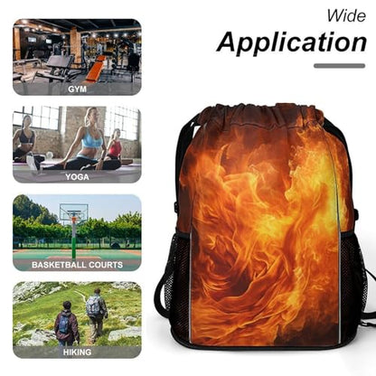 Drawstring Gym Backpack with Shoe Compartment And Wet Pocket, 28L Lightweight Waterproof Roaring Flame Sports Backpack for Workout Swim Beach Travel String Bag for Men Women