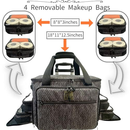 BaltFrist Rolling Makeup Bag with 4 Removable Bags，Trolley Cosmetic Bag with 5pcs 360°Rotating Wheels,Makeup Artist Travel Bag with Brushes Storage Section，Black Diamond Grid