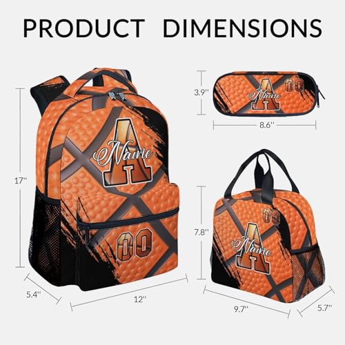 Mercuryelf Personalized Basketball Backpack for Boys - Custom Kids School Bookbag Set with Lunch Box 17 Inch Large Capacity Daypack - color: Orange