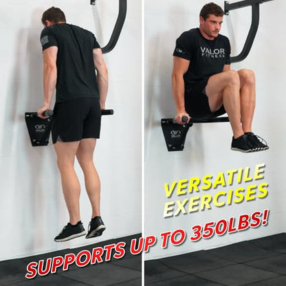 Valor Fitness Wall Mounted Dip Station - Foldable Dip Bar for Home Gym -Heavy Duty Steel Upper Body Training Equipment - Multi Grip Handles for Dips, Leg Raises, and Ab Workout - 350 lb Capacity