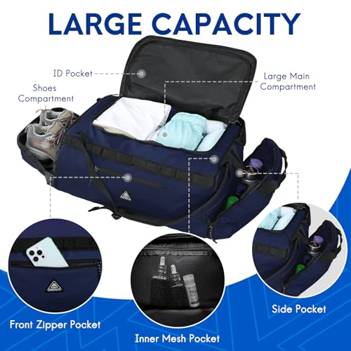 Haimont Duffel Backpack Bag 50L Water Repellent Sports Gym Bag Foldable Men Women with Shoe Compartment for Travel Hiking Camping Outdoor, Navy Blue - color: Navy Blue