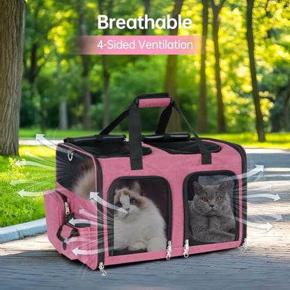 Cat Carrier for 2 Cats - Double Pet Carrier Extra Large, Dual Cabin Multi Cat Travel Carrier with Removable Divider, Collapsible, Can Hold 20 30 40 lbs for Two Small Kitten, Medium Dog Pink - color: Pink
