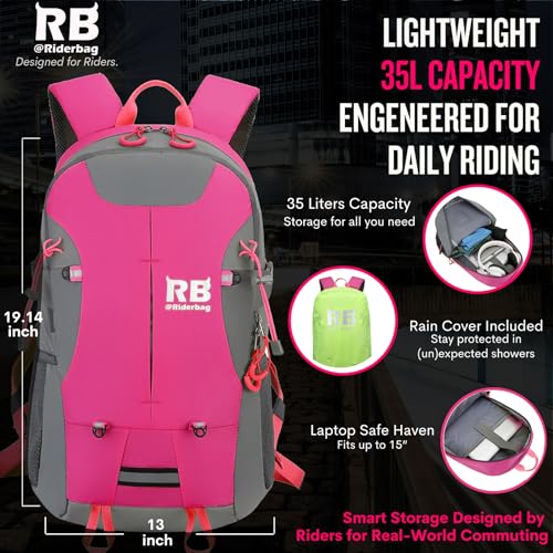 riderbag Reflective Motorcycle Backpack, Hi Viz Commuter Riding Bag | Designed by Riders for Everyday Rides with Laptop Compartment and Helmet Net. Built to Help You Be Seen. - color: Pink
