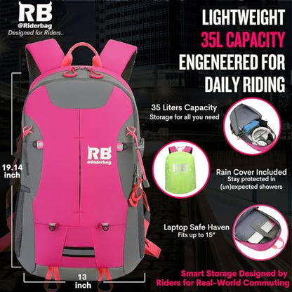 riderbag Reflective Motorcycle Backpack, Hi Viz Commuter Riding Bag | Designed by Riders for Everyday Rides with Laptop Compartment and Helmet Net. Built to Help You Be Seen. - color: Pink