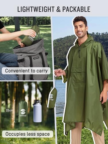SaphiRose Extra Thick Hooded Rain Poncho Double Layer Waterproof Raincoat Jacket for Men Women Adults - color: Green