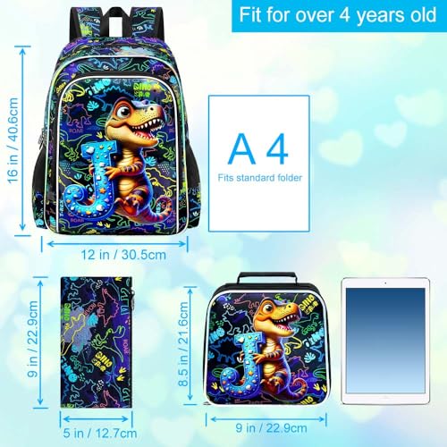3Pcs Dinosaur Backpack, 16" Boys Bookbag with Lunch Box, Kids School Backpacks Set for Elementary Preschool Kindergarten (Balck) - color: Dinosaur Black 01