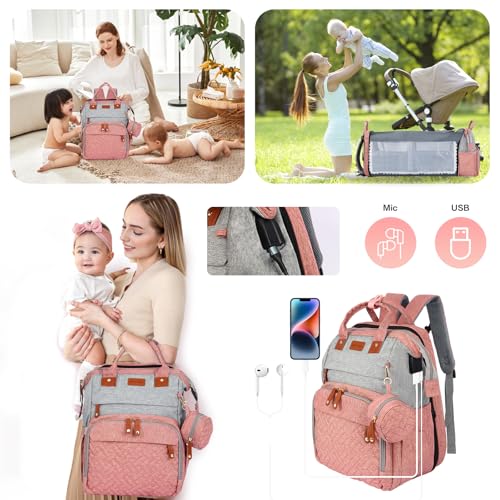 JOYCE Diaper Bag Backpack with Changing Pad, Water-Resistant, Pinkish Gray | Portable changinag pad, insulated bottle pockets, stroller straps, pacifier case, Multi-Compartment storage - color: Pinkish Gray