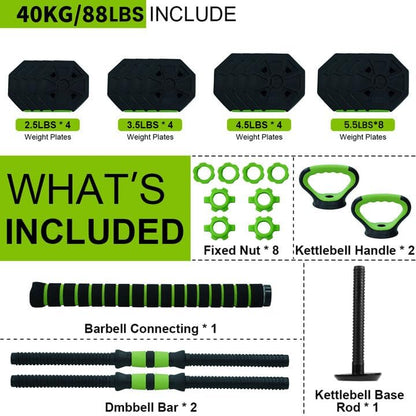 44/66/88 Lbs Adjustable Dumbbell Set, 4-in-1 Free Weights Set with Connector, Fitness Exercise Equipment Used As Barbell, Kettlebells, Push Up Stand, Weights Set for Home Gym Suitable Men/Women - color: Black Green