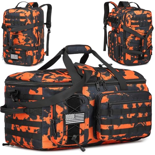 50L Gym Bags for Men, 3 in 1 Travel Duffle Bag with Shoe Compartment, Tactical Military Backpack for Overnight Weekender Gym Traveling Workout Deployment - color: Orange Graffiti, size: 50L