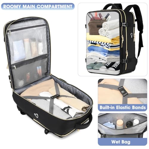 Large Carry On Travel Backpack - Flight Approved Waterproof Luggage Suitcase Backpacks Personal Item Size for Women Men Fit 17 Inch Laptop College Overnight Bag Anti-Theft Weekender Daypack Black Gold