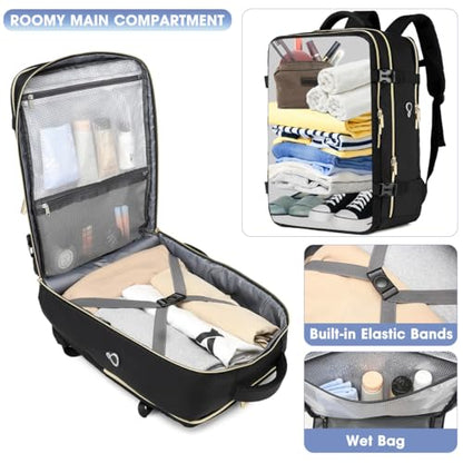 Large Carry On Travel Backpack - Flight Approved Waterproof Luggage Suitcase Backpacks Personal Item Size for Women Men Fit 17 Inch Laptop College Overnight Bag Anti-Theft Weekender Daypack Black Gold