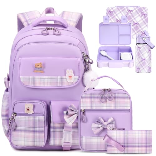 ACESAK 5PCS Backpack for Girls with Bento Box & 14oz Insulated Water Bottle - Cute School Girls Backpacks for Elementary Preschool Middle with Lunch Bag & Pencial Case, Back To School Gift (Purple) - color: Purple