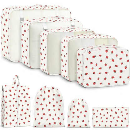 9 Set Packing Cubes for Travel Essentials - Lightweight Carry-On Luggage Organizer Bags with Shoe, Clothes & Laundry Bags for Airplane, Family & Business Travel, Beige strawberry - color: Beige strawberry