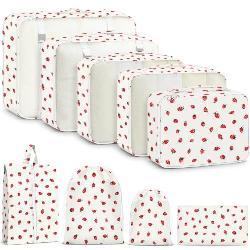 9 Set Packing Cubes for Travel Essentials - Lightweight Carry-On Luggage Organizer Bags with Shoe, Clothes & Laundry Bags for Airplane, Family & Business Travel, Beige strawberry - color: Beige strawberry