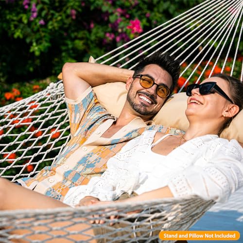 Lazy Daze Hammocks Double Rope Hammock, 2 Person Traditional Outdoor Hand Woven Cotton Rope Hammock with Spreader Bar, Carabiners, Tree Straps, Chains for Patio Yard - Max 450 Lbs, Natural - color: Natural