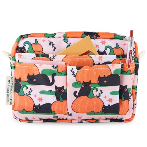 Portfolio Organizer with Multiple Pockets, Waterproof Travel Zippered Cosmetic Bag, Portable Storage Bag for Notebooks, Stationeries, Make-up, Journal Office Art Supplies.Pumpkin cat - color: Pumpkin Cat