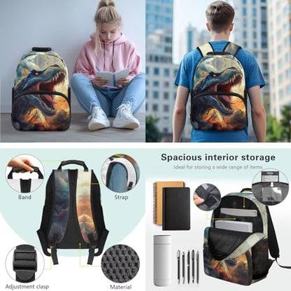 JEOCODY T-Rex Backpack Kids School Bag with Lunch Bag Pencil Case Water Bottle Holder Set of 4 Cool Dinosaur Bookbag for Boys Girls Lightweight Casual Daypack for Travel Hiking - color: Cool T-rex Printed