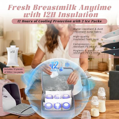 Breast Pump Bag with Insulated Cooler, Double-Layer Pumping Bag for Work & Travel, Fits Most Electric Breast Pumps, Includes 10 Ice Packs & Waterproof Mat, Detachable Bottle Cooler Tote, Pink - color: Pink