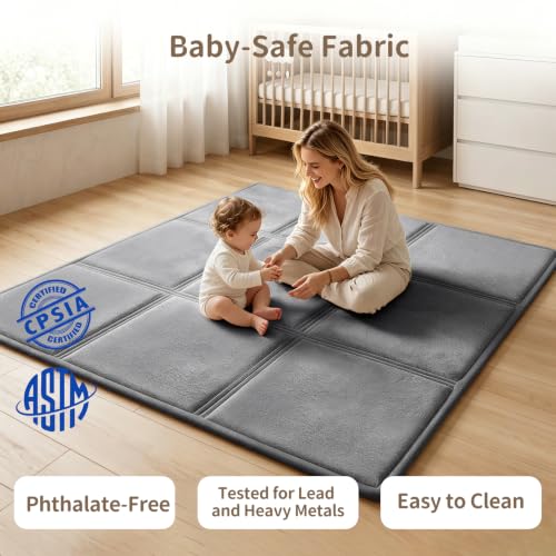 Goyuu Foldable Baby Play Mat for Floor, 50x50 Playpen Mat,Super Soft Velvet 0.8" Thick Cushioned Baby Tummy Time Mat, Non-Slip Water-Resistant Easy Clean Foam Playmat for Baby,Grey - color: Grey