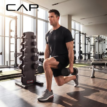 CAP Rubber Coated Hex Dumbbell Set with Storage Rack | 100–210 lb Options, Space-Saving Vertical Compact Storage for Home Gym Strength Training - size: 210 lb - Set - Black Rack, style: 12-Sided Black Handle