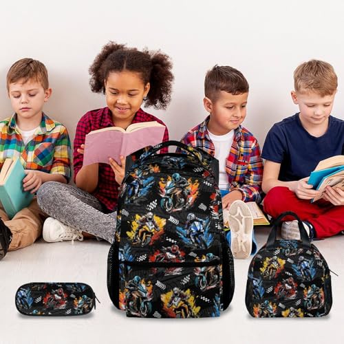 Kids Backpack Set - Motorcycle Backpacks for Boys - 3Pcs Toddler Bookbag with Lunch Box Pencil Case - Boys School Bag for Kindergarten/Preschool/Elementary (17 Inch) - color: Blue