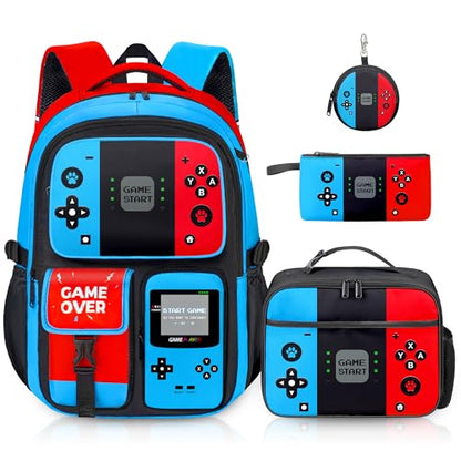 Gamer Backpack for Boys, 4pcs Gaming Boys Backpack with Lunch Box and Pencil Case for Kids, Video Gamer School Bags - color: Red and Blue