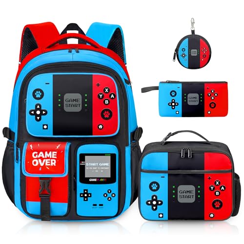Gamer Backpack for Boys, 4pcs Gaming Boys Backpack with Lunch Box and Pencil Case for Kids, Video Gamer School Bags - color: Red and Blue