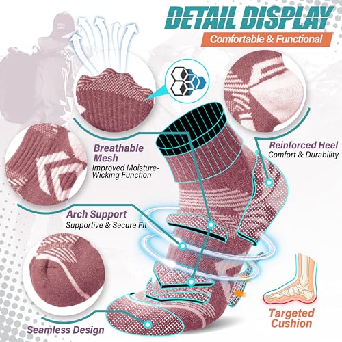 ANTSANG 6 Pairs Merino Wool Quarter Ankle Hiking Running Socks Compression Thermal Thick Cushion Socks for Women Men - color: Pink-purple Series, size: Medium