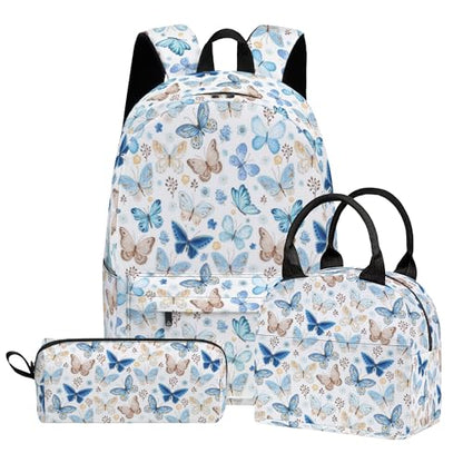 Butterfly 3PCS Backpack Set for Teens Elementary Middle High School, 17 Inch Lightweight Classic Bookpack 3 in 1 Set for Girls Boys, Kids Back to School Backpack with Lunch Box Pencil Case - color: Butterfly