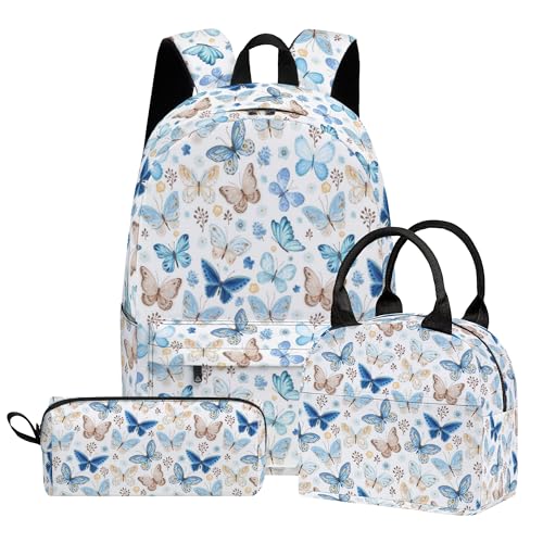 Butterfly 3PCS Backpack Set for Teens Elementary Middle High School, 17 Inch Lightweight Classic Bookpack 3 in 1 Set for Girls Boys, Kids Back to School Backpack with Lunch Box Pencil Case - color: Butterfly