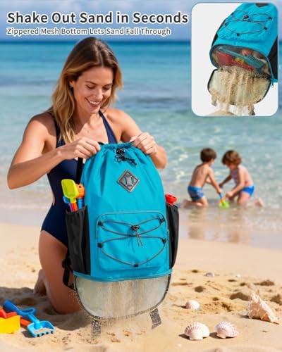 WANDF Drawstring Backpack with Removable Wet Pocket, Sandproof Beach Backpack with Bottom Compression Strap for Beach Mat, Swim Bag for Pool, Gym, Travel and Workout Gear (Teal) - color: Teal