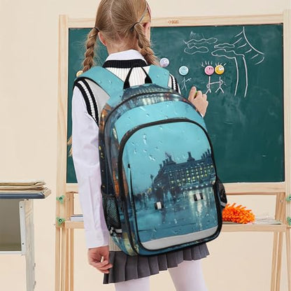 Backpack Rain City Print, Lightweight Daypack Multifunctional Backpack for Women Men Flap Backpack