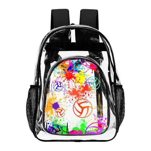 Volleyball Clear Backpack Heavy Duty for Girls Kids Boys Women | Large Cool PVC Volleyball Theme Printing Transparent Backpacks for Schools Stadium Concerts Work - Clear/Black - color: Volleyball Clear Backpack 1 Black With Front Pocket