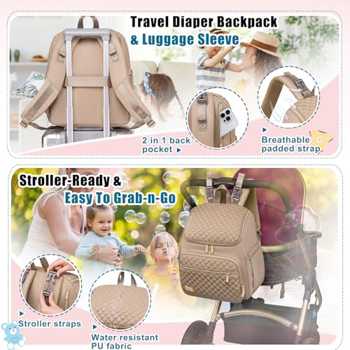 Weitars Diaper Bag Backpack Large Baby Diaper Bag with Changing Pad Travel Diaper Backpack,Baby Bag for Boys Girls,Stroller Straps,5 Insulated Pockets (Khaki) - color: Khaki