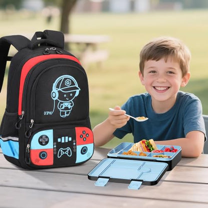 Bevalsa Backpack for Boys with 43OZ Bento Lunch Box,Insulated Lunch Bag & Pencial Case,Cool Luminous Gamer Schoolbag for Kids Teens Elementary Middle School,Bookbag Glow In The Dark - color: Red Blue, style: Backpack With 43oz Bento Box