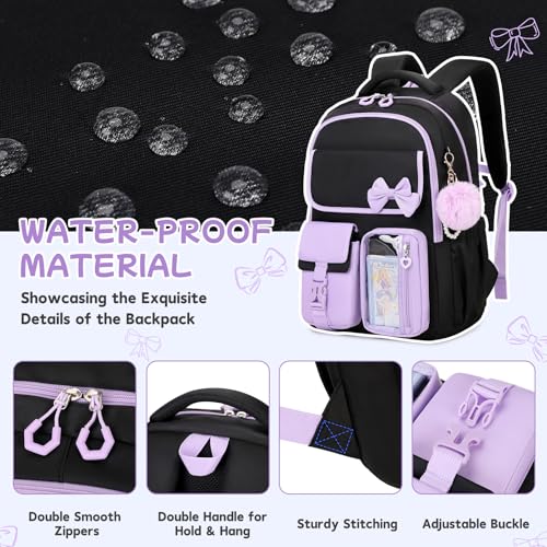 Girls Backpack, School Backpack for Girls, Cute Bow Kids Bookbag for Grils Children Teens for Elementary Middle High School Student, Back To School, Black Purple 3pcs - color: Black Purple-3pcs