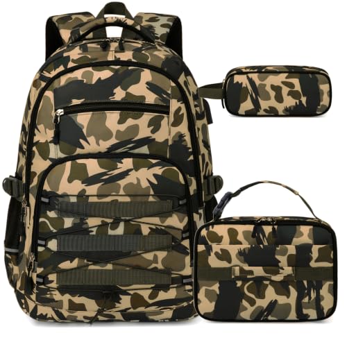 ACESAK Camo Backpack for Boys, Tactical Kids Backpack Boys, School Bags for Boy Children Teens Kids Elementary Middle High School, Military Bookbag and Lunch Bag Pencil Case Set with USB Charging Port - color: Green Brown