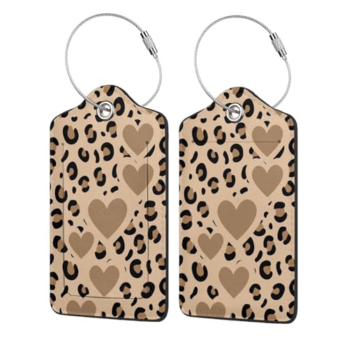 2 Pack Luggage Tags for Suitcases, PU Leather Bag Tag with Privacy Cover Address Card Travel Essentials-Brown Love Leopard Cheetah Print - color: Brown Love Leopard Cheetah Print