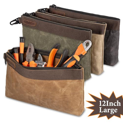 Waxed Canvas Tool Pouches 4 Pack – 11-Inch Heavy-Duty Zipper Tool Bags Set, Waterproof Utility Storage Pouches for Tools, Cables, Gear & Supplies – Rugged Tool Organizer Bags | Heavy Duty Zipper, Waterproof, Utility Organizer, Rugged Storage