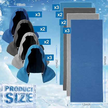 Honoson 20 Pcs12x25 Inch Cooling Hoodie Towel Bulk for Neck and Face 40x12 Inch Quick Dry Sweat Towels Instant Ice Cold Towel for Hot Weather Run Yoga Gym(Dark Gray, Light Gray, Dark Blue, Light Blue) - color: Dark Gray, Light Gray, Dark Blue, Light Blue