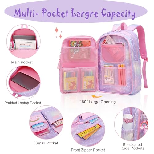 School Backpack for Girls Rainbow Backpack Cute Backpack for Back to School Laptop Travel Bag With pencil Case for Travel Camping Hiking (Purple Set) - color: Purple Set