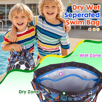 Drawstring Backpack for Kids Girls, Cute Cartoon Football Waterproof Drawstring Bag String Swim Gym Sports Beach Bag with Shoes Compartment and Wet Proof Pocket - color: J08. Soccer