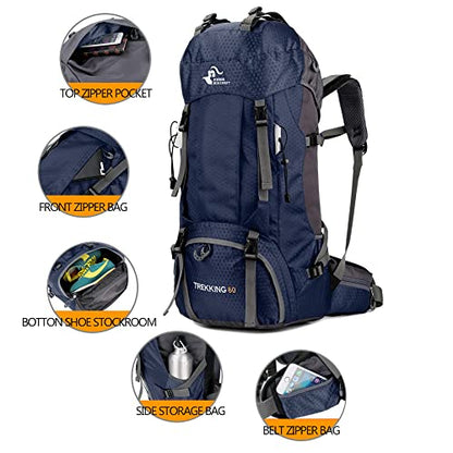 Bseash 60L Waterproof Hiking Camping Backpack with Rain Cover, Large Outdoor Sport Travel Daypack Rucksack for Climbing - color: Navy Blue