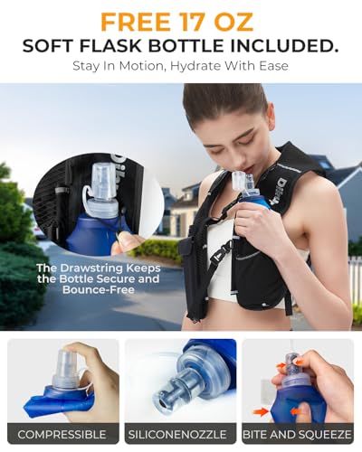 Running Vest for Women Men, Lightweight Hydration Runner Vest with Transparent Waterproof Phone Pocket, 17oz Soft Flask, Adjustable Chest Straps Reflective Backpack for Hiking Cycling Jogging - style: Black
