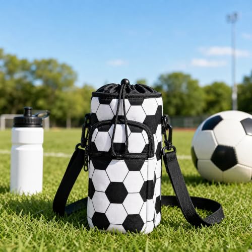 Water Bottle Holder with Strap, Water Bottle Carrier Bag with Phone Pocket, Shoulder Hand Strap Insulated Neoprene 32/40 oz Water Bottle Sleeve for Walking Hiking Camping Gym - color: 8 Soccer, size: under 32oz