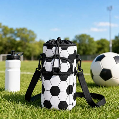 Water Bottle Holder with Strap, Water Bottle Carrier Bag with Phone Pocket, Shoulder Hand Strap Insulated Neoprene 32/40 oz Water Bottle Sleeve for Walking Hiking Camping Gym - color: 8 Soccer, size: under 32oz