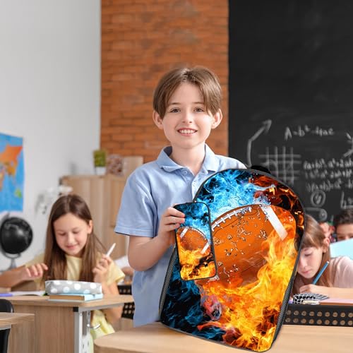 Football Backpack Set for School,17 Inch Casual School Bags with Lunch Box, Kids Daypack Bags and Pencil Case Set for Teens Boys Men Students - color: Ice&fire-football