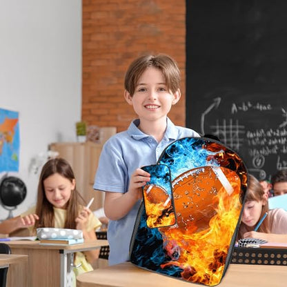 Football Backpack Set for School,17 Inch Casual School Bags with Lunch Box, Kids Daypack Bags and Pencil Case Set for Teens Boys Men Students - color: Ice&fire-football