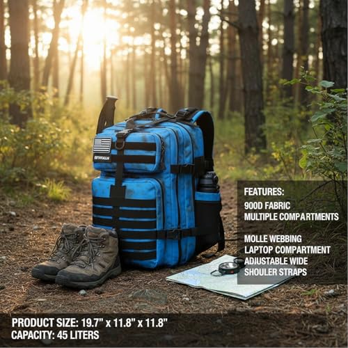 45L Military Tactical Backpack for Men & Women Bug Out Bag Assault pack Molle Daypack Hiking Trekking Rucksack (2.0 side pockets （blue tie dye）) - color: 2.0 Side Pockets （blue Tie Dye）
